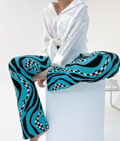 High Waist Checker Wave Color Block Straight Leg Trousers Pants
