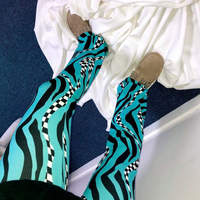 High Waist Checker Wave Color Block Straight Leg Trousers Pants - Thumbnail 2