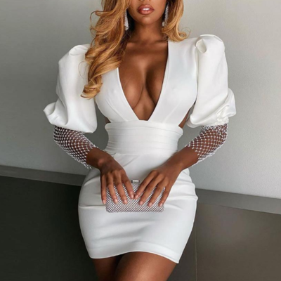 Sexy puff sleeves bubble stitching tight dress
