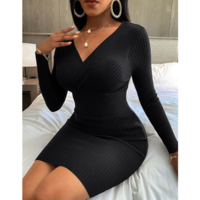 Women'S Fashion Sexy V-Neck Long Sleeves Zipper Dress - Thumbnail 1