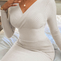 Women'S Fashion Sexy V-Neck Long Sleeves Zipper Dress - Thumbnail 2