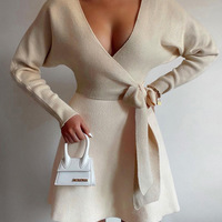 Long Sleeve Crossover Sexy V-Neck Dress - Thumbnail 2