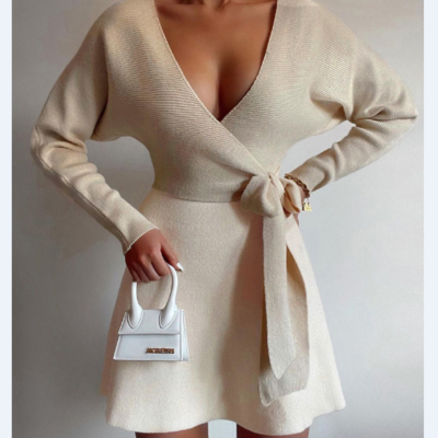 Long sleeve crossover sexy v-neck dress