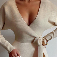 Long Sleeve Crossover Sexy V-Neck Dress - Thumbnail 1