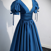 Blue satin long prom dress blue evening dress - Thumbnail 1