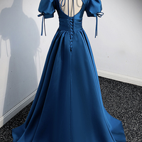Blue satin long prom dress blue evening dress - Thumbnail 3