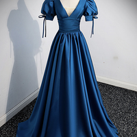 Blue satin long prom dress blue evening dress - Thumbnail 4