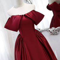 Burgundy satin long prom dress A line evening dress - Thumbnail 2