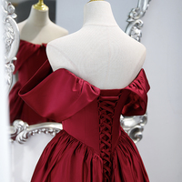 Burgundy satin long prom dress A line evening dress - Thumbnail 4