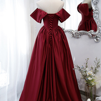 Burgundy satin long prom dress A line evening dress - Thumbnail 5