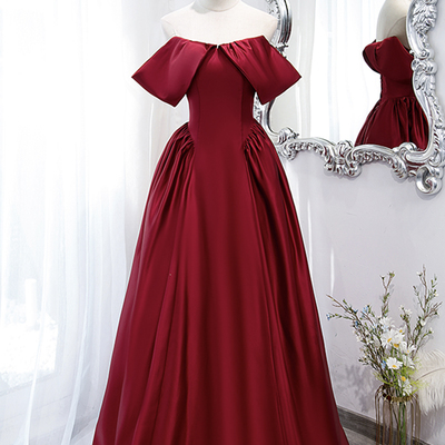 Burgundy satin long prom dress a line evening dress - Thumbnail 1