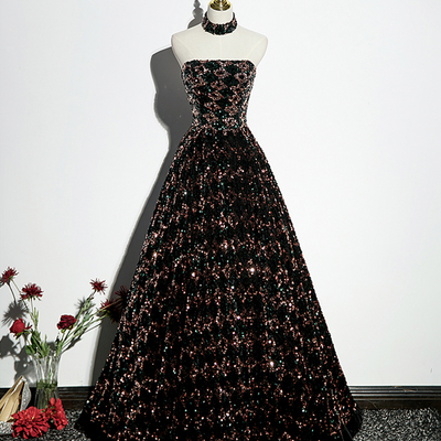 Shiny sequins long prom dress a line evening dress