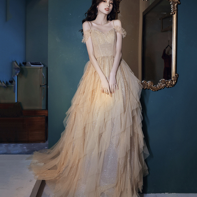 Cute tulle sequins long prom dress a line evening dress