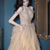 Cute tulle sequins long prom dress A line evening dress - Thumbnail 1