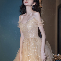 Cute tulle sequins long prom dress A line evening dress - Thumbnail 3