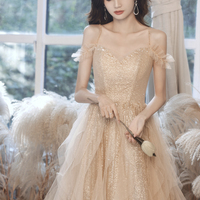 Cute tulle sequins long prom dress A line evening dress - Thumbnail 4