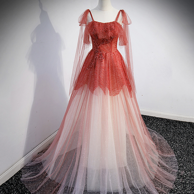 Burgundy tulle sequins long prom dress a line evening dress - Thumbnail 3