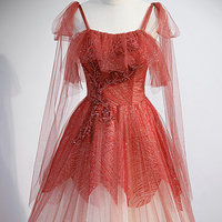 Burgundy tulle sequins long prom dress A line evening dress - Thumbnail 1