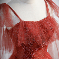 Burgundy tulle sequins long prom dress A line evening dress - Thumbnail 2