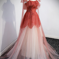 Burgundy tulle sequins long prom dress A line evening dress - Thumbnail 5