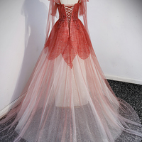 Burgundy tulle sequins long prom dress A line evening dress - Thumbnail 4