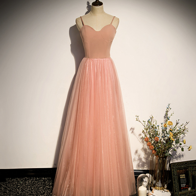 Pink tulle long prom dress a line evening dress - Thumbnail 2