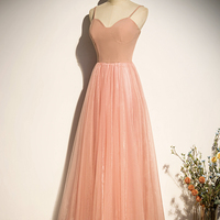 Pink tulle long prom dress A line evening dress - Thumbnail 2