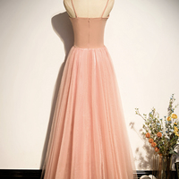 Pink tulle long prom dress A line evening dress - Thumbnail 3