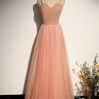 Pink tulle long prom dress A line evening dress - Thumbnail 4