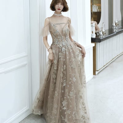 Stylish tulle sequins long prom dress a line evening dress - Thumbnail 1
