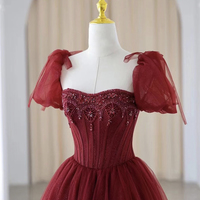 Burgundy tulle beads long prom dress A line evening dress - Thumbnail 1