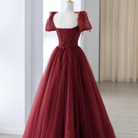 Burgundy tulle beads long prom dress A line evening dress - Thumbnail 3