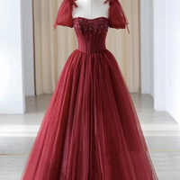 Burgundy tulle beads long prom dress A line evening dress - Thumbnail 4