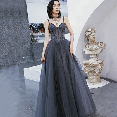 Gray tulle beads long prom dress a line evening dress - Thumbnail 1