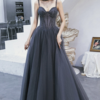 Gray tulle beads long prom dress A line evening dress - Thumbnail 1