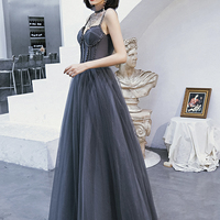 Gray tulle beads long prom dress A line evening dress - Thumbnail 2
