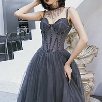 Gray tulle beads long prom dress A line evening dress - Thumbnail 3
