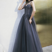 Gray tulle beads long prom dress A line evening dress - Thumbnail 4