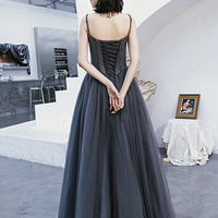 Gray tulle beads long prom dress A line evening dress - Thumbnail 6