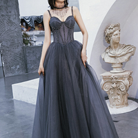 Gray tulle beads long prom dress A line evening dress - Thumbnail 7