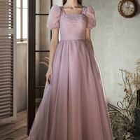 Cute tulle long prom dress A line evening dress - Thumbnail 1