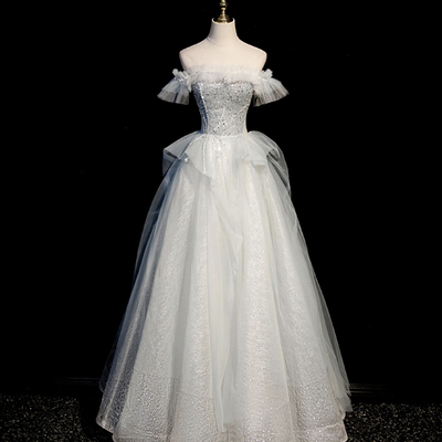 Gray tulle beads long prom dress a line evening dress