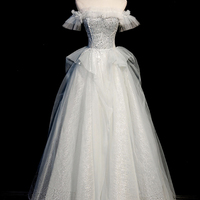 Gray tulle beads long prom dress A line evening dress - Thumbnail 4