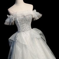 Gray tulle beads long prom dress A line evening dress - Thumbnail 1