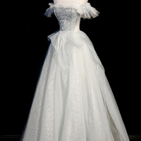 Gray tulle beads long prom dress A line evening dress - Thumbnail 2