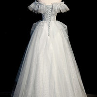 Gray tulle beads long prom dress A line evening dress - Thumbnail 3