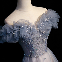 High quality tulle beads long prom dress A line evening dress - Thumbnail 1