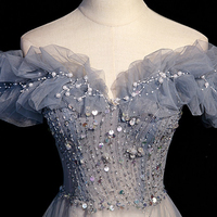 High quality tulle beads long prom dress A line evening dress - Thumbnail 2