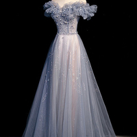 High quality tulle beads long prom dress A line evening dress - Thumbnail 4