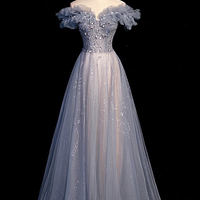 High quality tulle beads long prom dress A line evening dress - Thumbnail 6